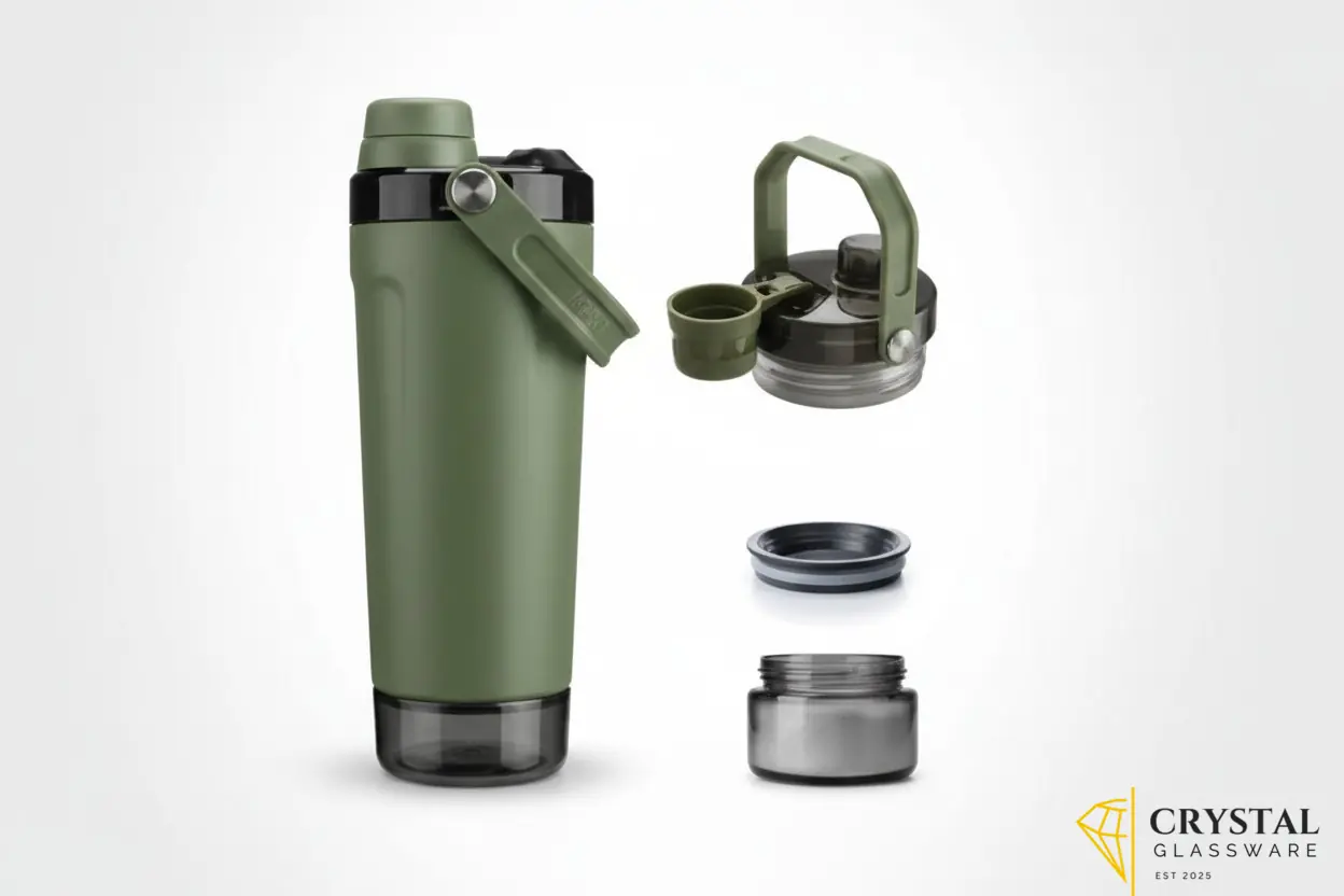 Stainless steel protein shaker bottle with a powder storage compartment at the base — Crystal Glassware Pakistan